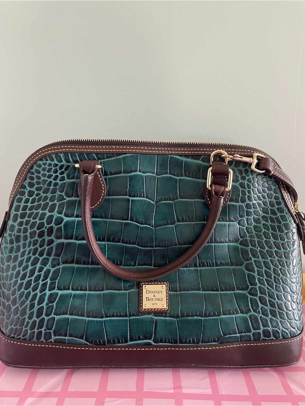Dooney & Bourke Teal Croc-Embossed Satchel with Brown Trim and Gold Hardware